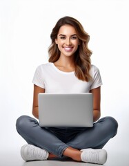 Fototapeta premium Beautiful Woman Using Laptop Isolated on White Background