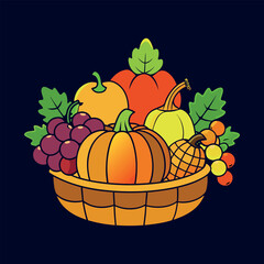 autumn Basket with pumpkin, grapes, apples and pears Clipart isolated vector illustration