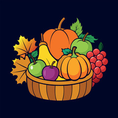 autumn Basket with pumpkin, grapes, apples and pears Clipart isolated vector illustration