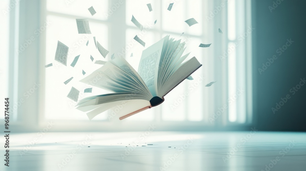 Poster Open Book with Pages Floating in the Air