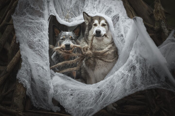 Halloween portrait of two dog in a web