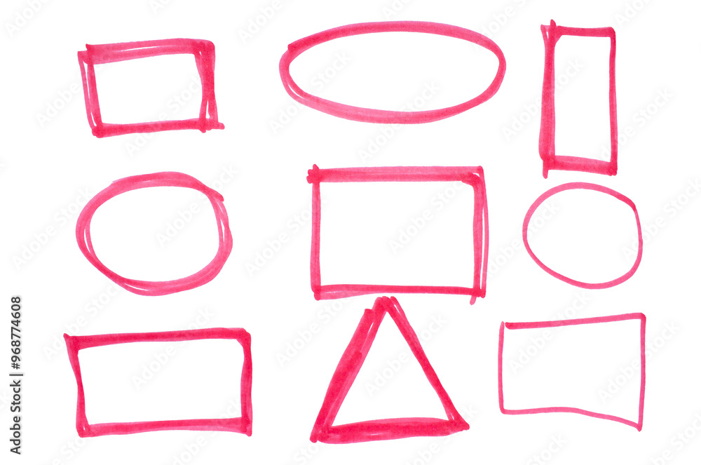 Poster red marker drawn geometric shape set design elements isolated on white