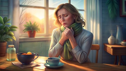 Woman feeling unwell, wrapped in a scarf, sitting at a table with tea
