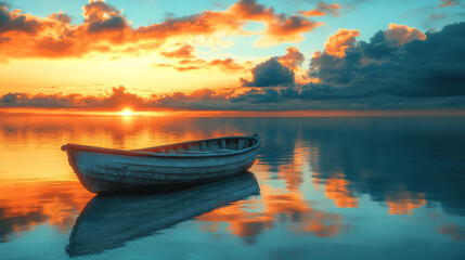 A wooden boat floats on calm waters during a vibrant sunset with colorful clouds reflecting in the water