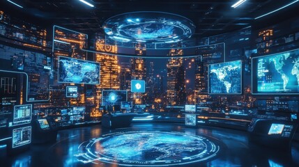 A cutting-edge news set displays holographic graphics and data with a vibrant city skyline glowing in the background during nighttime