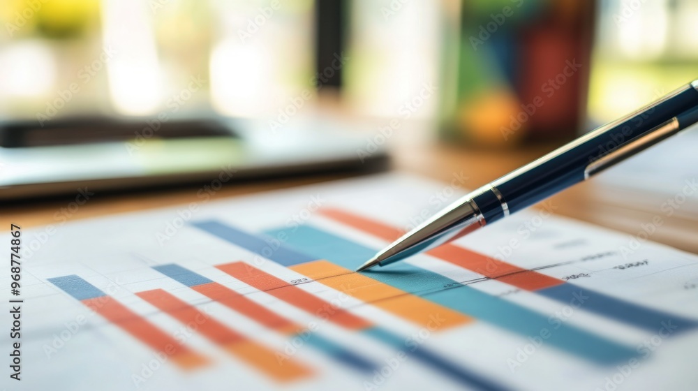 Aufkleber pen pointing at a bar chart on paper