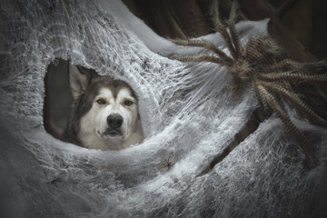 Halloween portrait of dog in a web