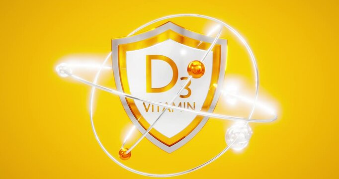 inscription vitamin d3 located on a shield with orbits and electrons spinning around, 3d rendering on orange background, vitamin complex with Cholecalciferol
