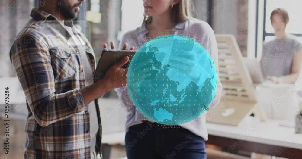 Poster animation of globe and data processing over diverse business people in office