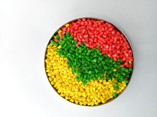 colorful masterbatch granule, colorful pigment, green granules in a cup, cold cutting type granule...