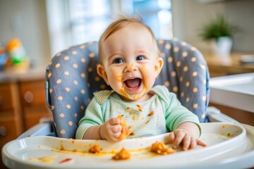 Little toddler learning how to feed himself, trying healthy food lunch time at home baby led weaning. Vegetarian child.