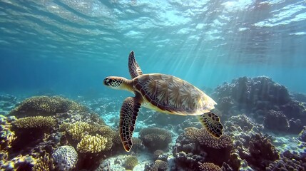 Obraz premium A green sea turtle swims gracefully through a vibrant coral reef, bathed in sunlight.