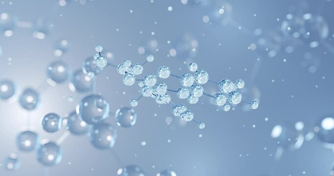 Warfarin, rotating 3D model of anticoagulant, seamless looped video, molecular structure with selective focus