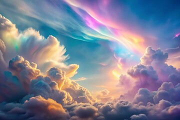 Softly glowing clouds drift lazily across serene skies, their delicate pastel hues evoking a sense of ethereal tranquility, as gentle beings seem to dissolve into the dreamlike atmosphere.