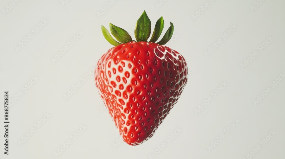 Poster a single red strawberry with green leaves on a white background