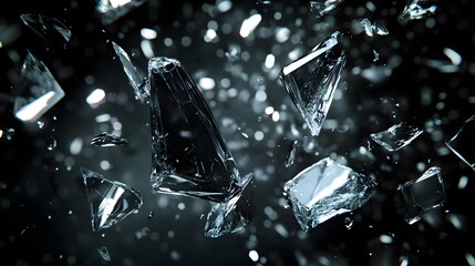 Shattered glass pieces floating in space with reflections and light effects