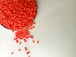 Red masterbatch granule, red pigment, red polymer granules in a cup, cold cutting type granule...