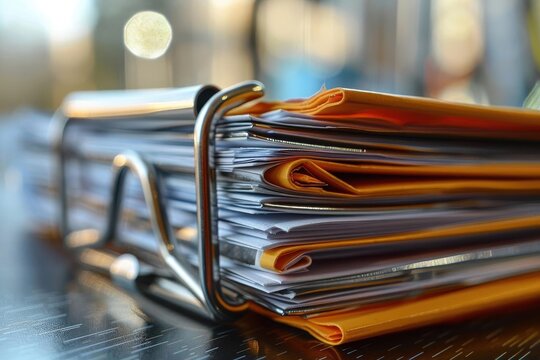 A close-up image of organized folders and documents, showcasing a neat workspace environment with vibrant colors and textures.