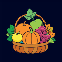 autumn Basket with pumpkin, grapes, apples and pears Clipart isolated vector illustration