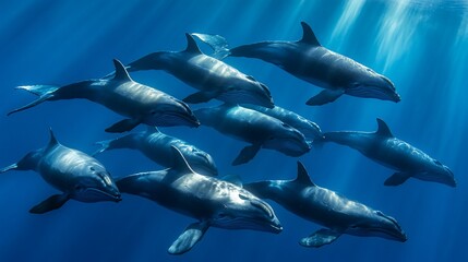 Obraz premium A pod of dolphins swim together in a sunbeam underwater.