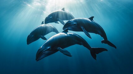 Fototapeta premium A pod of four black dolphins swims in the blue ocean with sunlight filtering through the water.