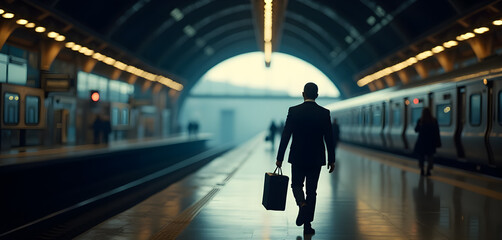 Fototapeta premium Businessman Walking in Train Station with Luggage for Corporate Travel