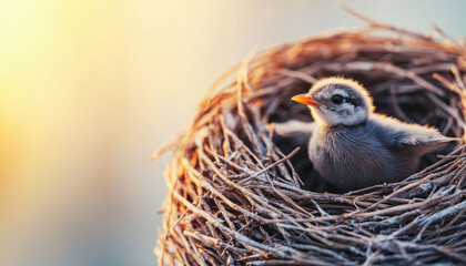 A young bird perched comfortably in a cozy nest, surrounded by soft natural light, symbolizing warmth and new beginnings.