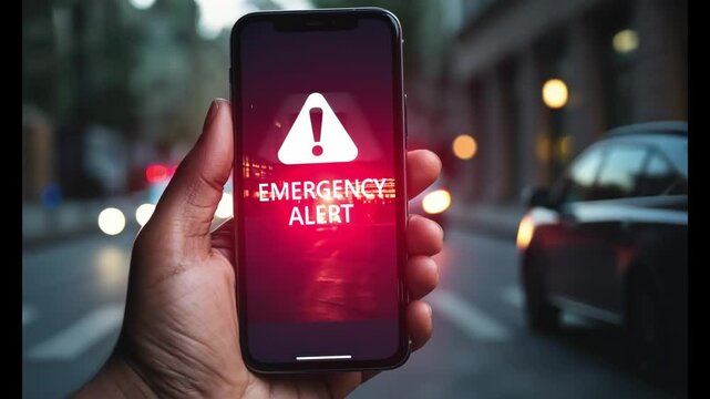 Hand holding a mobile phone displaying a red emergency alert with city street background.