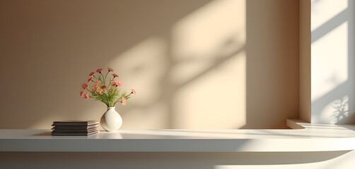 Minimalist Office Desk with Flowers and Folders in Natural Light