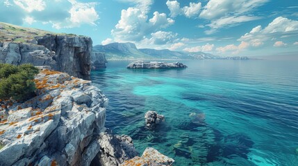 A scenic stone cliff above the turquoise ocean, a small island on the horizon, and a partly cloudy sky setting the tone for a perfect day.