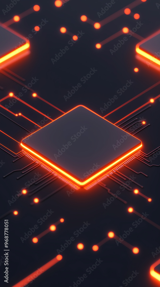 Poster glowing neon microchip with circuit lines, representing embedded technology