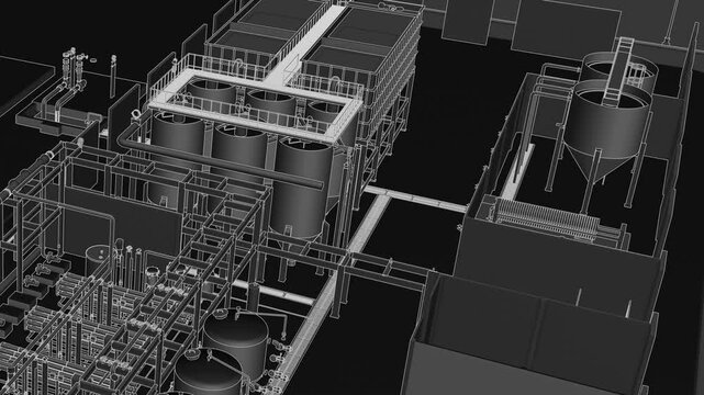Water treatment plant, seamless 3d loop animation blueprint, filtration system, line work on black