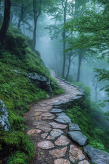 Serene forest path winding through misty greenery, inviting exploration and tranquility in nature's embrace.