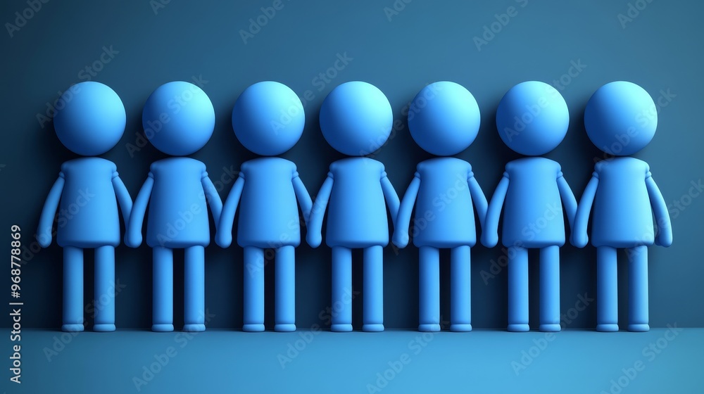 Poster a collection of blue figurines standing in a row, representing unity and teamwork against a simple b