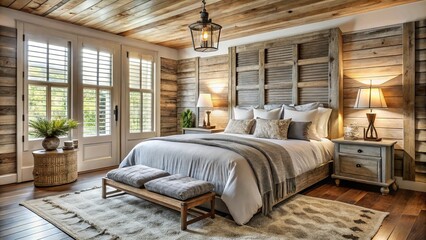 Cozy farmhouse bedroom with plush area rug, wooden slats, vintage window shutter headboard, lantern pendant, rustic plank walls, and soft French linen duvet. - Powered by Adobe