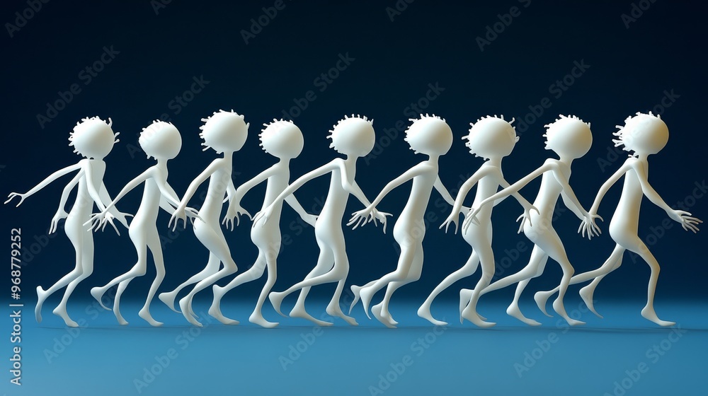 Poster A creative illustration of stick figures walking in a sequence, showcasing movement and rhythm on a gradient background.