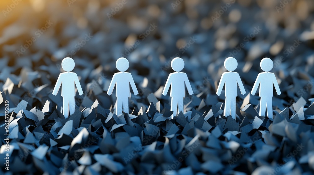 Poster a creative representation of teamwork with simple figures standing together, symbolizing unity and c