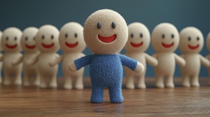 A cute fabric doll stands out among a group of soft toys, showcasing a cheerful expression and vibrant blue color.