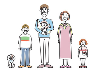 おしゃれな若い夫婦と子供たちと子犬