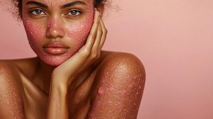 Closeup of Woman with Pink Face Mask on Pink Background