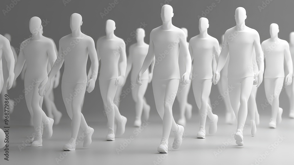 Poster a group of abstract, faceless figures walking in unison, symbolizing unity and diversity in motion.