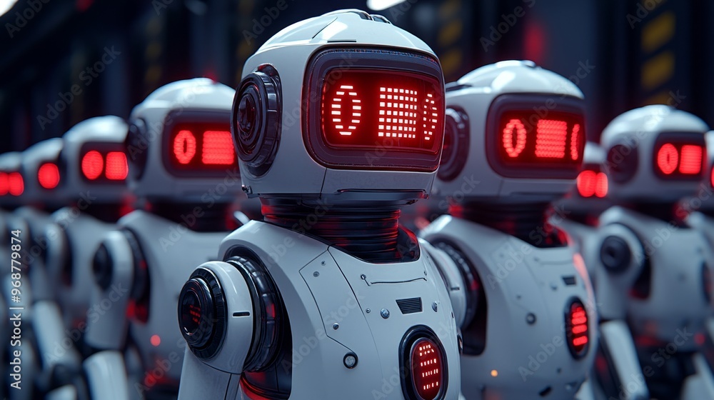 Aufkleber a futuristic scene featuring advanced robots with glowing red eyes, standing in a high-tech environm