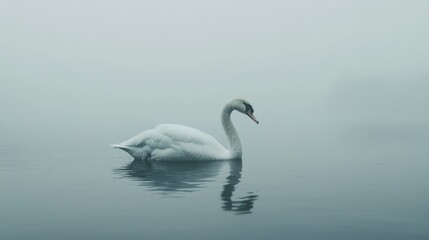 Obraz premium A lone swan gracefully swims in a misty lake.
