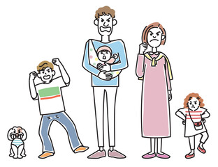 おしゃれな若い夫婦と子供たちと子犬