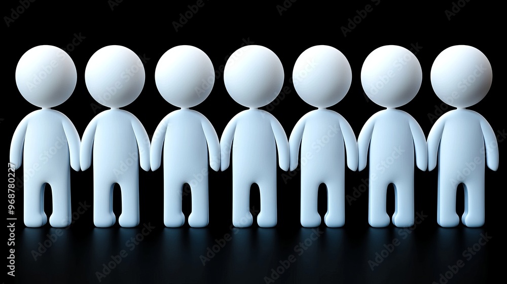 Poster a lineup of minimalist figurines in a row against a dark background, perfect for concepts of unity, 
