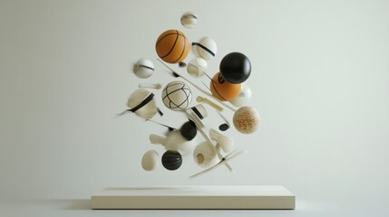 Floating Sports Balls and Objects on a White Platform