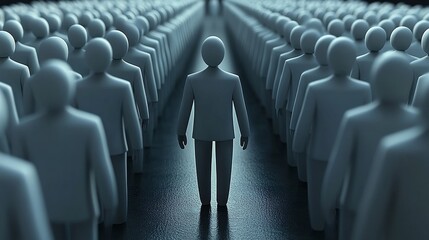 A lone figure stands out among a crowd, symbolizing individuality and leadership amid conformity and anonymity.