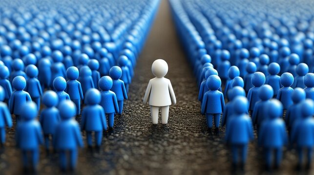 A lone figure stands out among a crowd of blue figures, symbolizing individuality and uniqueness in a society.