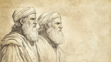 Fototapeta premium The Allotment for Manasseh: Leaders of Manasseh reaffirming commitment to follow God’s commandments with Joshua, biblical illustration, Beige Background