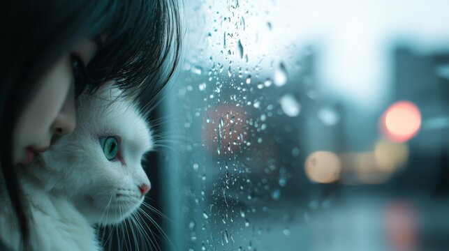 Lofi anime girl relaxing by a rainy window with a cat, immersive loop animation capturing a cozy urban atmosphere and tranquil vibes.